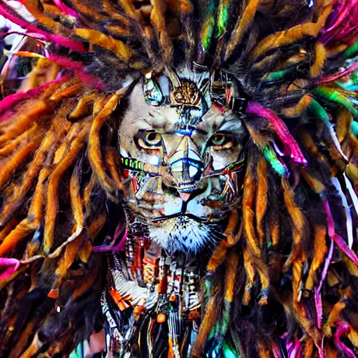 Image similar to portrait of cyborg lion with dreadlocks by sandra chevrier, by makoto shinkai, cybernetics, glamor shot, closeup, vivid colours, hyper realistic detailed intricate render, hypermaximalist, ornate, epic composition, sharp focus, masterpiece