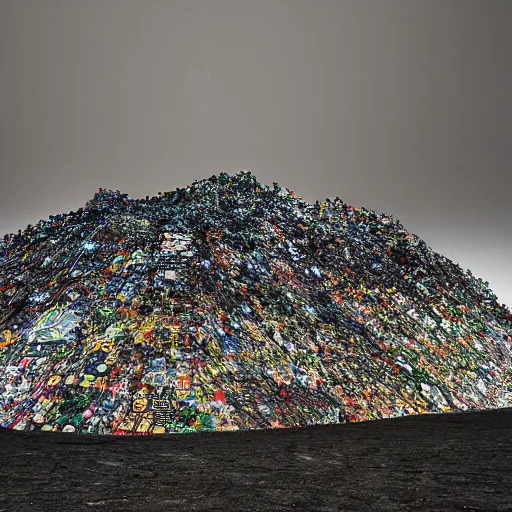 Image similar to a mountain made out of computer screens that display bitcoin logos, cinematic, post apocalyptic landscape, harsh contrast lighting, in the style of photorealism, made by richard estes robert cottingham gerhard richter robert longo ellen altfest