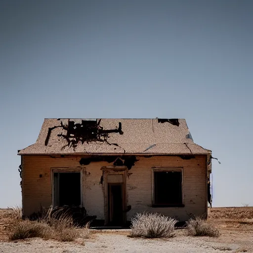 Prompt: abandoned house in the middle of desert, unsettling photo