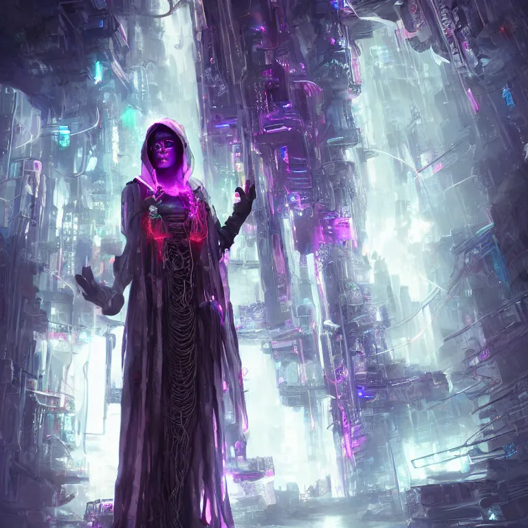 Image similar to futuristic priestess in a hooded robe full of cables and neons, cyberpunk, gothic, fantasy, science fiction, character concept art, matte painting, hyperdetailed, realistic, creepy, atmospheric, cinematic, kinemacolor