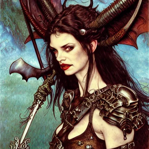 Image similar to head and shoulders portrait of an armored erinyes devil with bat wings, and a sword, d & d, fantasy, luis royo, magali villeneuve, donato giancola, wlop, krenz cushart, hans zatka, klimt, alphonse mucha