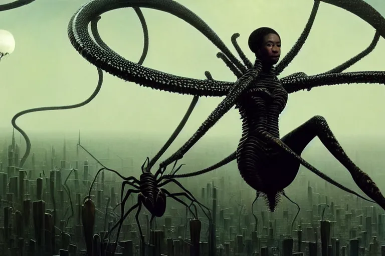 Image similar to realistic detailed portrait movie shot of a beautiful black woman riding a giant spider, dystopian city landscape background by denis villeneuve, amano, yves tanguy, alphonse mucha, max ernst, ernst haeckel, kehinde wiley, caravaggio, david lynch, roger dean, cyber necklace, rich moody colours, sci fi patterns, dramatic, wide angle