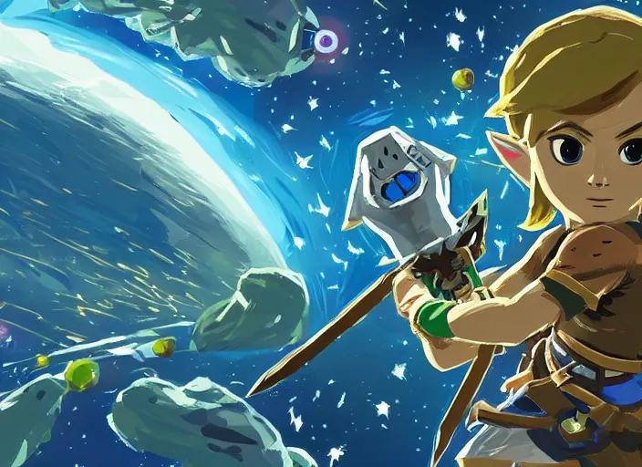 Image similar to zelda [ [ [ breath of the wild ] ] ], outer space, galaxy, stars, zero gravity, space station, aliens