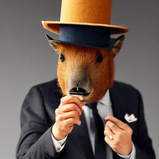 Image similar to smoking cigar, a man wearing a suit capybara head wearing a hat (smoking cigar)