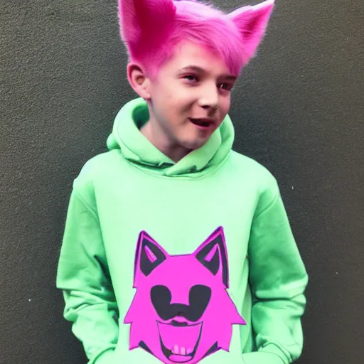 Prompt: cute young man with pink hair and pink wolf ears wearing a collar and a green hoodie