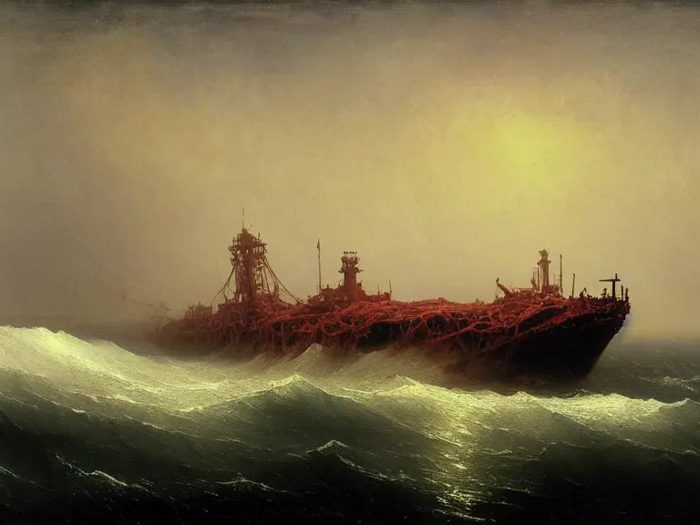 Prompt: technobiological rusty warship consisting of tumors, veins, meat, kidneys, entrails, guts, skin, blood, eyes. sea waves by aivazovsky. biopunk, bodyhorror, high details, photorealism, full length view, very rust, concept art, octane render, cgsociety by hermann nitsch, dariusz zawadzki