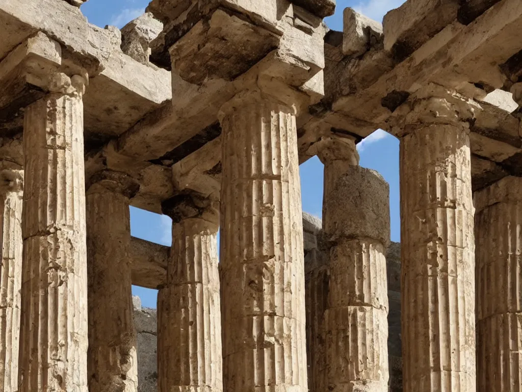 Image similar to mid air ancient greek buildings, pillars and pieces of statues falling