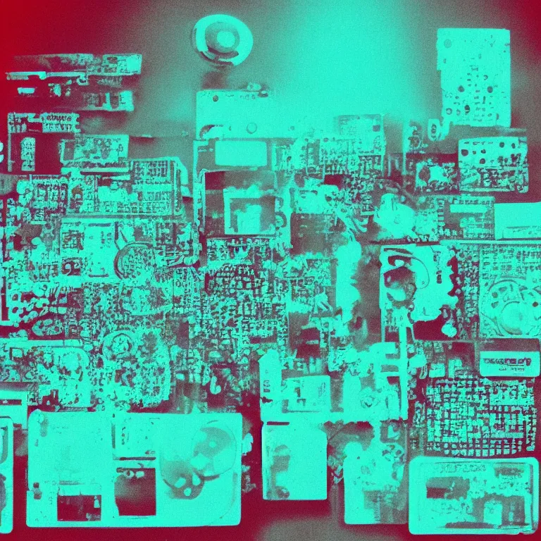 Image similar to boards of canada exposed circuit boards, film photo, soft lighting album cover, nostalgia, turquoise gradient