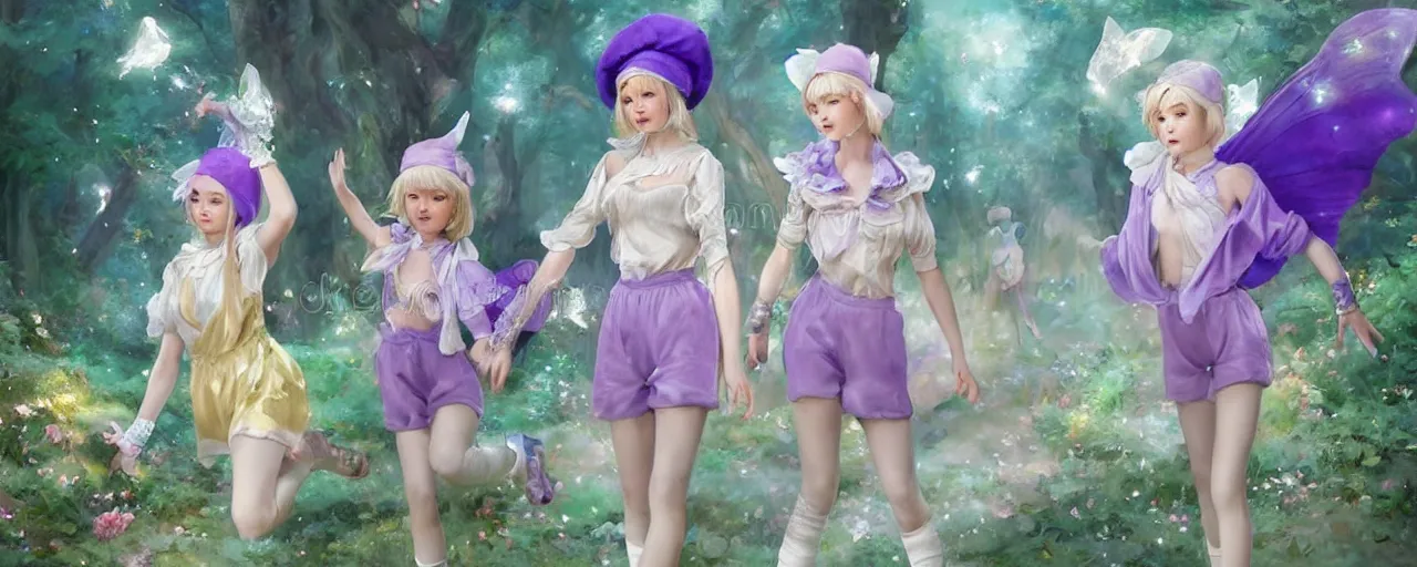 Image similar to Full View of mysterious fairy maidens with short blond hair wearing an oversized purple Beret, Baggy Purple overall shorts, Short Puffy pants made of silk, silk shoes, a big billowy scarf, Golden Ribbons, white leggings Covered in stars. Short Hair. peasant magic. masterpiece 4k digital illustration by Ruan Jia and Mandy Jurgens and Artgerm and greg rutkowski , award winning, Artstation, art nouveau aesthetic, Alphonse Mucha background, intricate details, realistic, panoramic view, Hyperdetailed, 8k resolution, intricate art nouveau, smooth, sharp focus. Rhythmic gymnastics poses