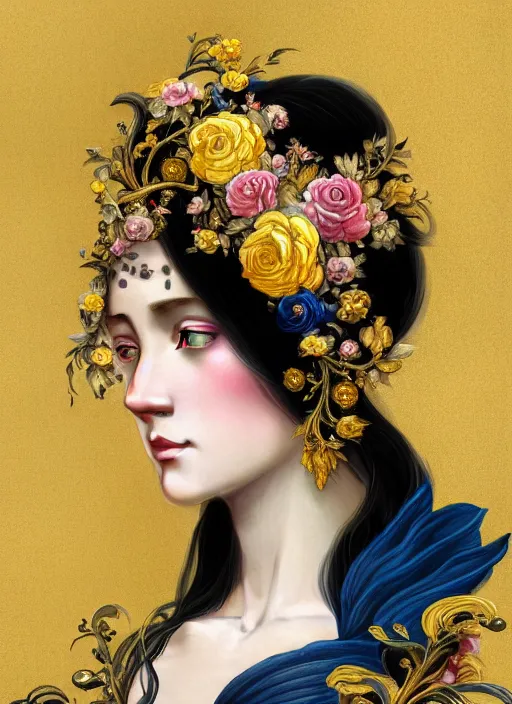 Image similar to beautiful black blue yellow, complicated gold and pink flowers in baroque style headwears, dark fantasy, intricate, elegant, highly detailed, digital painting, artstation, concept art, matte, 3 d 8 k octane rendered, sharp focus, illustration, octane rendered, art by artgerm and alphonse mucha, leesha hannigan