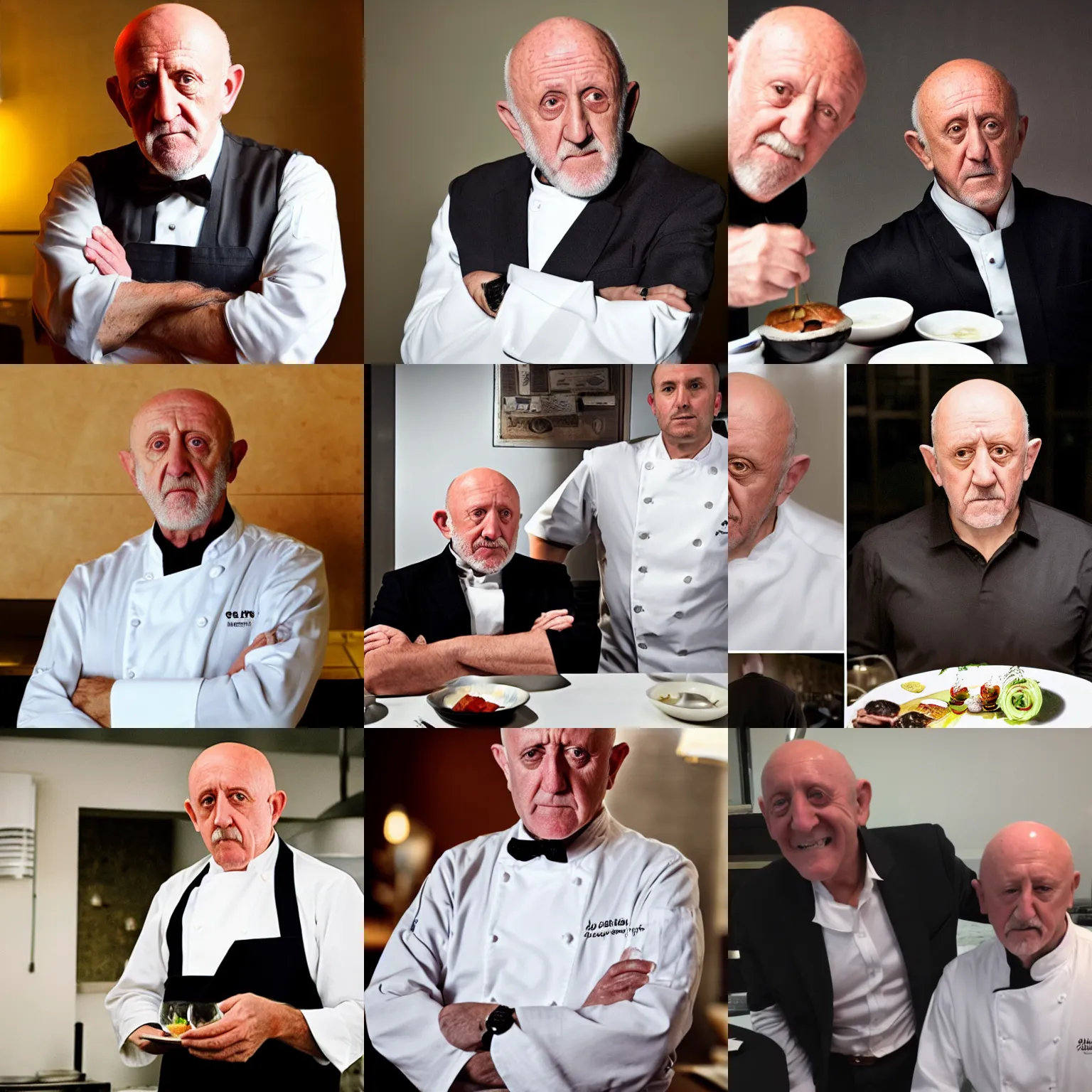 Prompt: mike ehrmantraut is a waiter in a michelin star restaurant, professional photography