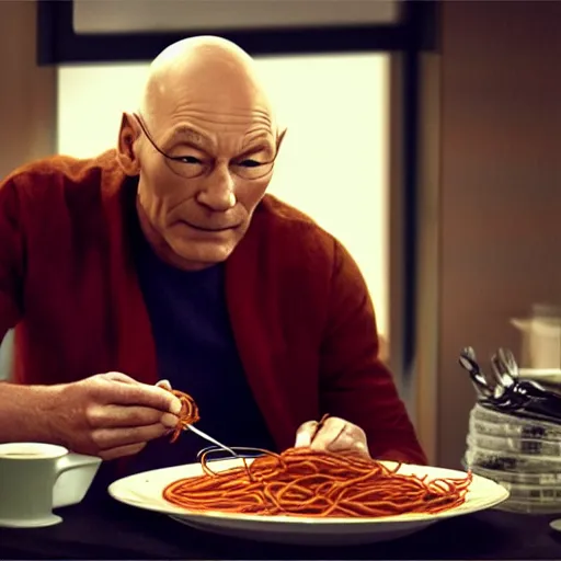 Image similar to patrick stewart eating spaghetti in a star ship concept art, ultra realistic, digital art, rich deep colors, smooth shadows, high resolution, cinematic
