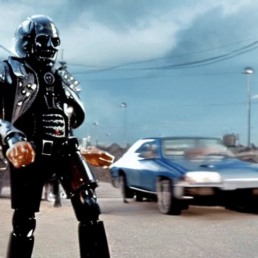 Prompt: the magic roundabout as the terminator, 4 k hd film still, terminator, red eye, cyborg