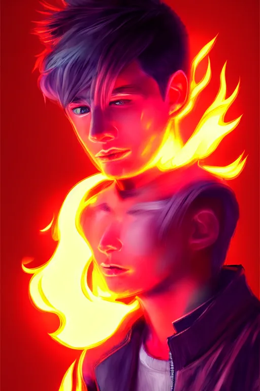 Image similar to character art by liam wong, young man, blonde hair, on fire, fire powers