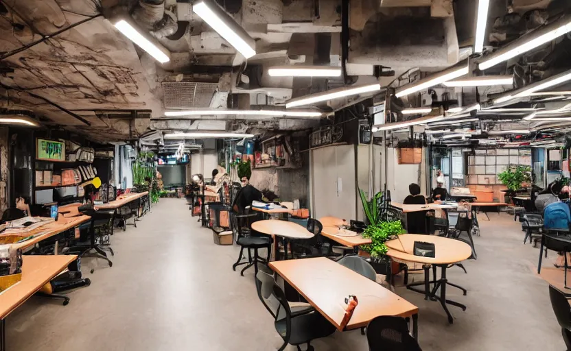 Image similar to Maximalist Japanese work space interior, multiple desks, cupboards, old brick walls, concrete, neon signs, plants, cyberpunk, large windows, Akihabara style