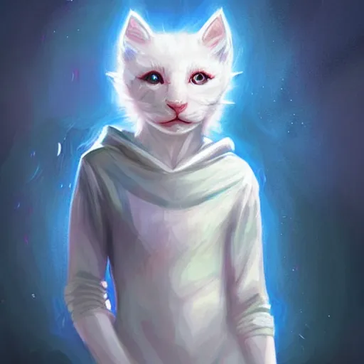 Prompt: colorful and Festive Captivating mage white kitten, with a blue hoodie, serious looking, atmospheric lighting, painted, intricate, highly detailed by Charlie Bowater