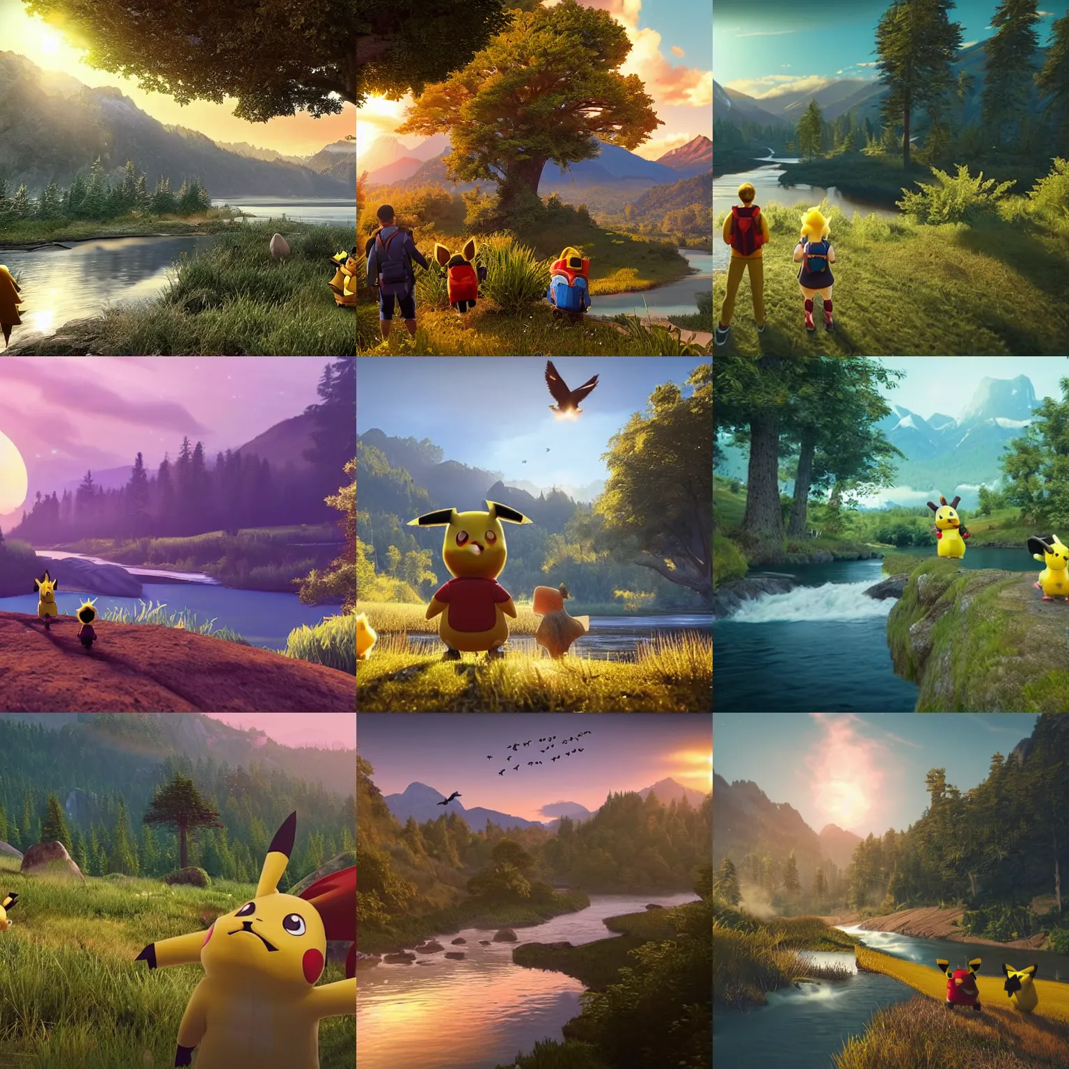 Prompt: A majestic landscape featuring a river, mountains and a forest. A group of birds is flying in the sky. There is an pikachu with a hedgehog standing next to him. The pikachu is wearing a backpack and drinking a beer. They are both staring at the sunset. Cinematic, very beautiful, unreal engine