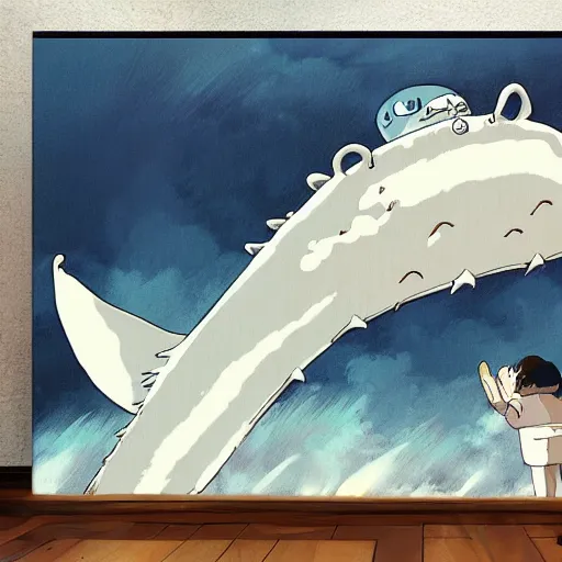 Prompt: huge white space whale, Miyazaki style, Studio Ghibli,moving castle, canvas, oil, animation, ultra details, very very very very wonderful