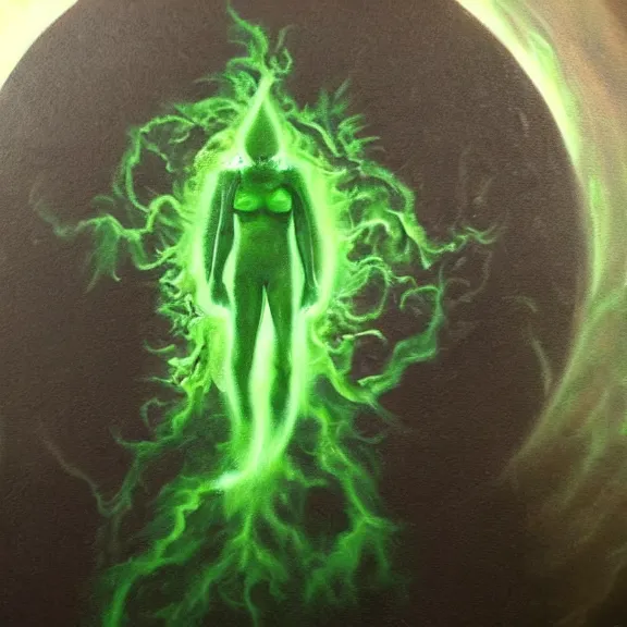 Image similar to woman summon the deathgate portal to the green flame hellgod's home, photograph taken by lord illusion of hyperrealism, dark creepy oil painting