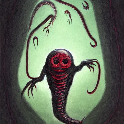 Prompt: worm that walks, writhing one, somber dark horror painting, unsettling, by gormeth ravendaz