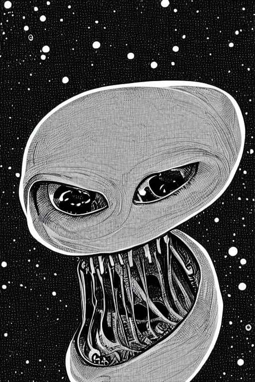 Prompt: alien face black and white illustration