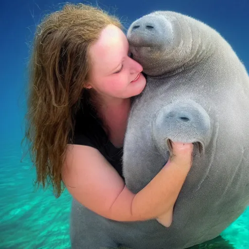 Image similar to fluffy pygmy manatee being hugged by a person, realistic, fantasy, pet, adorable, national geographic