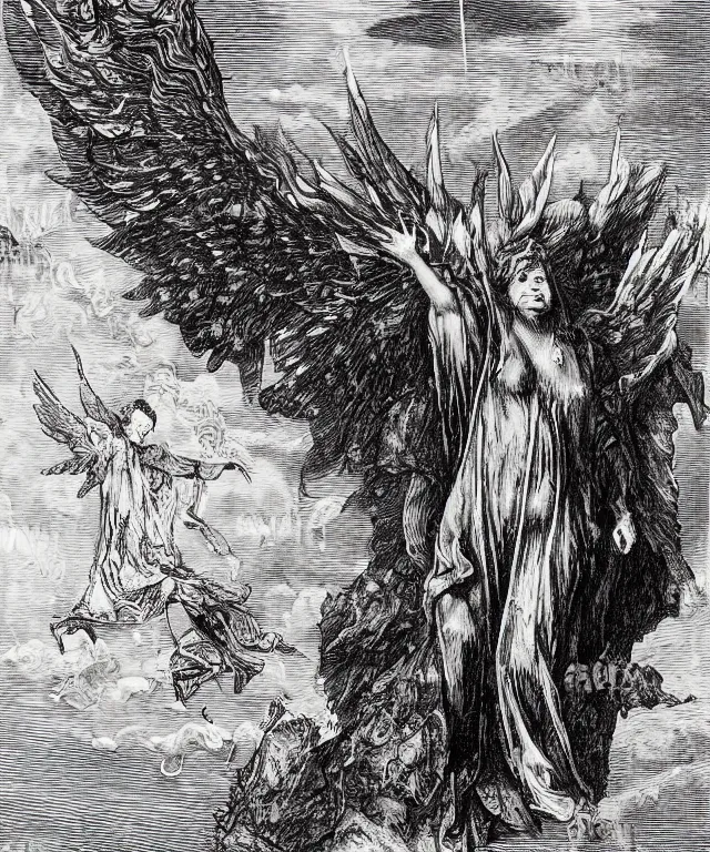 Prompt: lucifer dark shadow angel falling from heaven against a bright sky, lucifer, art by james o barr and albrecht durer and gustave dore, woodblock print, engraved, black and white, vector, vector art