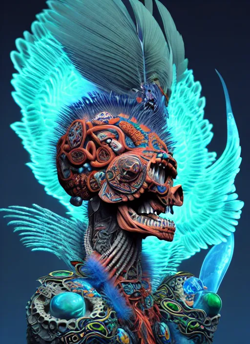 Image similar to 3 d shaman with tattoos profile portrait, sigma 5 0 0 mm f / 5. beautiful intricate highly detailed quetzalcoatl skull and feathers. bioluminescent, plasma, lava, ice, water, wind, creature, thunderstorm! artwork by tooth wu and wlop and beeple and greg rutkowski, 8 k trending on artstation,