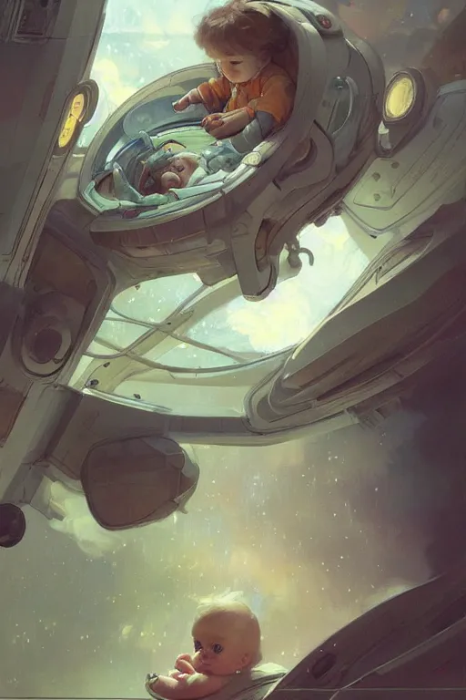 Image similar to A baby in a spaceship highly detailed, digital painting, artstation, the space background,concept art, sharp focus, illustration, art by Krenz Cushart and Artem Demura and alphonse mucha