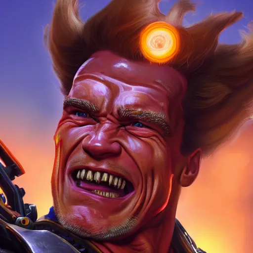 Image similar to a screenshot of arnold schwarzenegger as junkrat in overwatch, portrait, fantasy, beautiful face, vivid colors, elegant, concept art, sharp focus, digital art, hyper - realistic, 4 k, unreal engine, highly detailed, hd, dramatic lighting by brom, trending on artstation