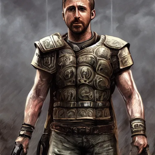 Image similar to Illustration of Ryan Gosling as a spartan hoplite hero, dark atmosphere, angry look, gta 5 cover style, highly detailed, digital painting, Trending on artstation , HD quality, by Glenn Rane and Samwise Didier, dramatic light, octane