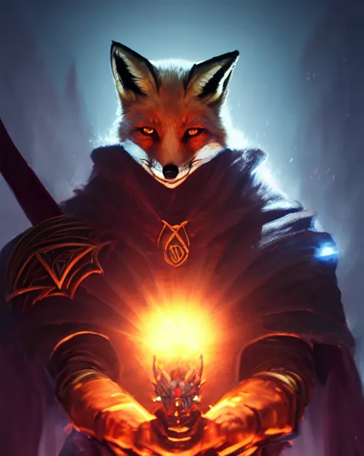 Prompt: Fox Warrior holding expensive gem, evil smile, medium shot, D&D, artstation, fantasy, magic the gathering artwork, cinematic lighting, centered, symmetrical, highly detailed, digital painting, , concept art, smooth, sharp focus, illustration, volumetric lighting, epic Composition, 8k, art by Akihiko Yoshida and Greg Rutkowski and Craig Mullins, oil painting, cgsociety