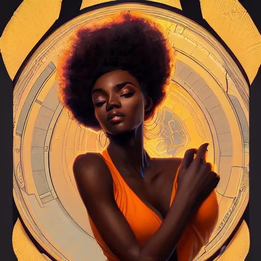 Image similar to portrait of very very very very very very beautiful african woman, spacesuit, orange eyes, intricate, elegant, highly detailed, digital painting, artstation, concept art, smooth, sharp focus, illustration, art by artgerm and greg rutkowski and alphonse mucha
