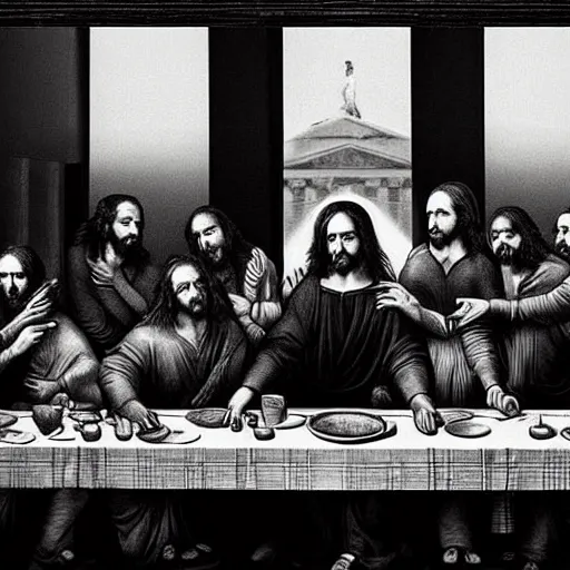 Prompt: Award Winning Editorial Masterpiece picture of a new York Soup Kitchen by David Bailey CBE, Composition The Last Supper daVinci