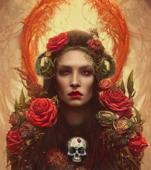 Image similar to portrait of the supreme queen of the blood cult, surrounded by skulls and overgrowth and dark flowers by karol bak, James Jean, tom bagshaw, rococo, trending on artstation, fantasy magic, fashion girl cinematic lighting, hyper realism, octane render, 8k, hyper detailed.