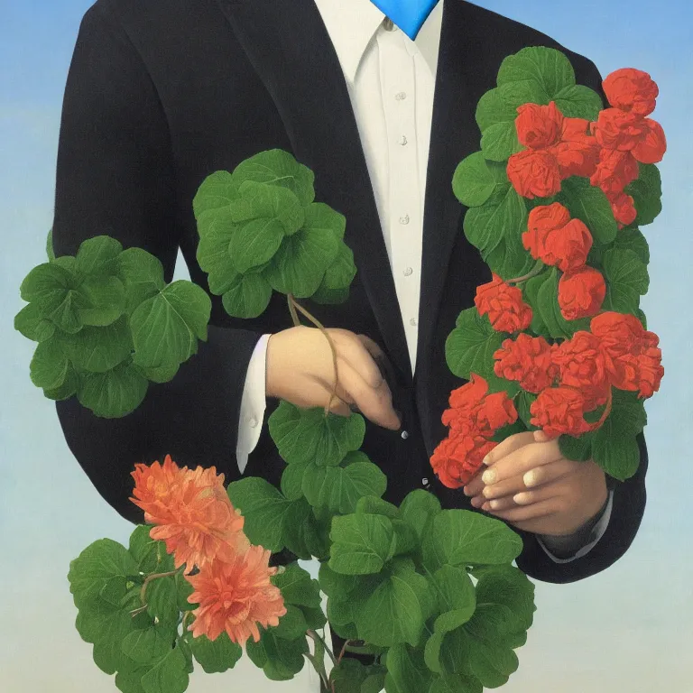 Image similar to portrait of man in a suit with flowers hiding his face by rene magritte, detailed painting, hd, hq, high resolution, high detail, 4 k, 8 k