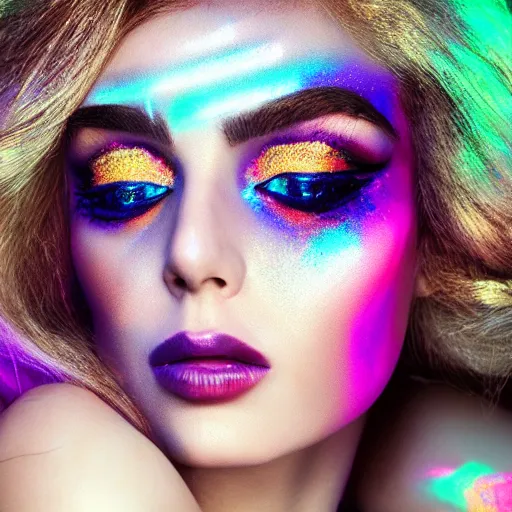 Prompt: beautiful portrait of a middle eastern woman with holographic light makeup, eyes of fire, glitched lipstick, porcelain hair, translucent cosmic skin, surreal, in the style of steven meisel, detailed