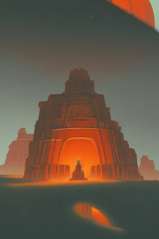 Image similar to ancient temples glowing orange in canyon, monks, geometric lines in the sky, floating planets, dramatic lighting, artstation, matte painting, ralph mcquarrie, simon stalenhag