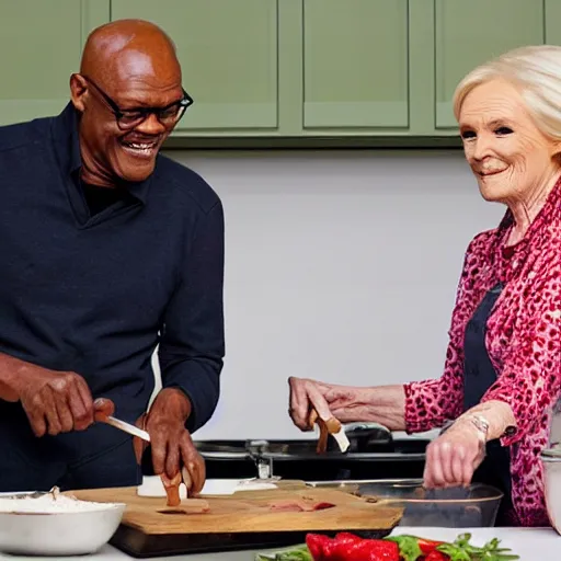 Image similar to Samuel L Jackson and Mary Berry cooking together