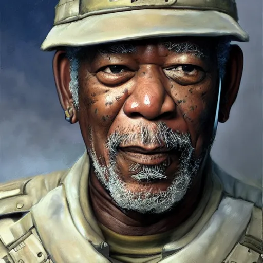 Prompt: Morgan Freeman as a soldier, closeup character art by Donato Giancola, Craig Mullins, digital art, trending on artstation