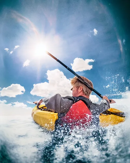 Image similar to realistic portrait of a blonde guy in a kayak over the clouds in the sky