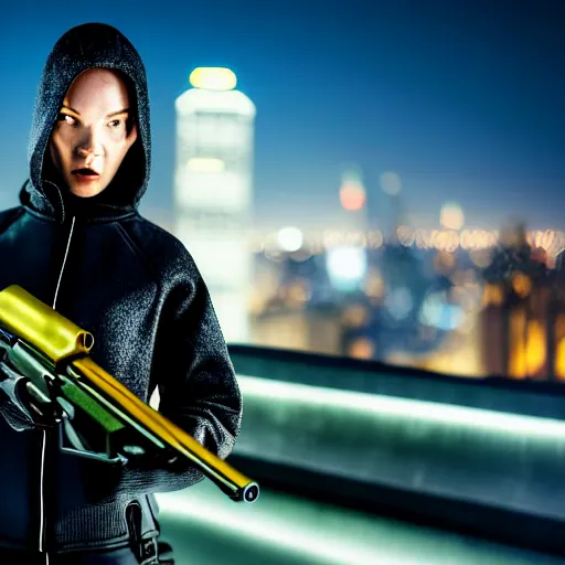 Prompt: digital art of a techwear woman holding a shotgun, holding shotgun down, closeup, on the rooftop of a futuristic city at night, sigma 85mm f/1.4, 4k, depth of field, high resolution, full color, award winning photography, Kill Bill, John Wick, Die Hard, movies with guns, movie firearms, trending on art station