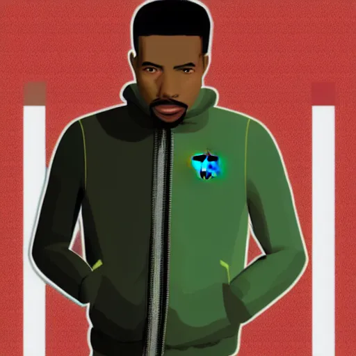 Image similar to vector art of a black man with afro hair and raspy bear stubble, wearing an army green adidas jacket, high quality, minimalist