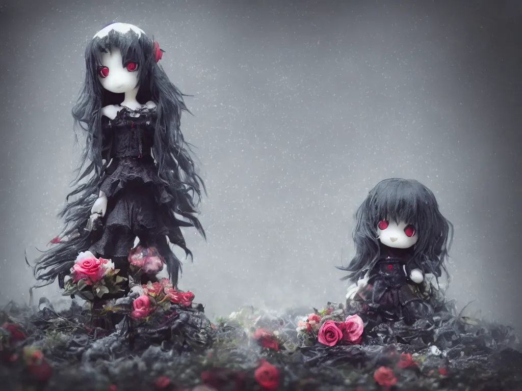 Image similar to cute fumo plush of a gothic maiden girl clutching lots of decayed roses, stale twilight, swirling vortices of emissive smoke and volumetric fog over the river, bokeh, 5 0 mm, vignette, vray