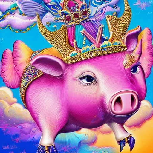 Image similar to lisa frank flying pigs wearing a gold crown painting by android jones