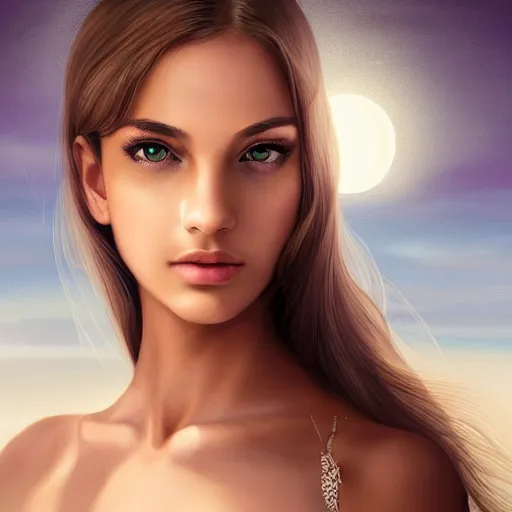 Image similar to a sad gorgeous female, photo, professionally retouched, soft lighting, wearing sundress, illuminated by moonlight, realistic, smooth face, tanned goddess, luscious lips, perfect eyes, wide angle, sharp focus on eyes, 8 k high definition, insanely detailed, intricate, elegant, art by artgerm and wlop