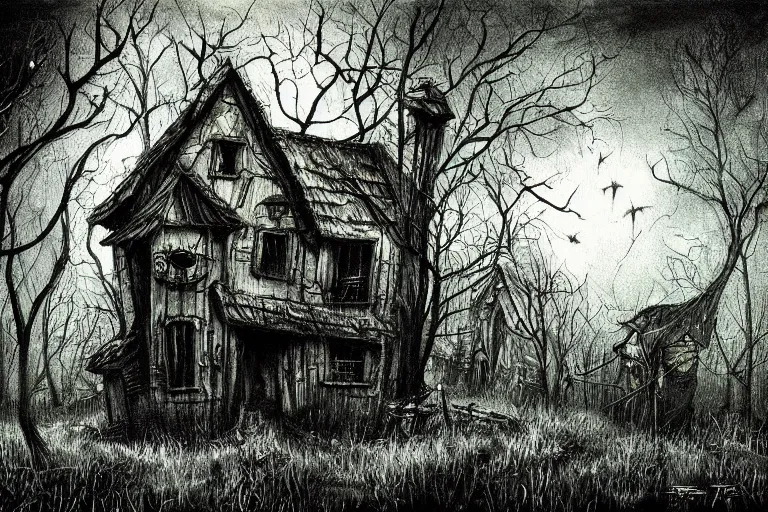 Image similar to mad horror painting of a futuristic witch house in the woods by ben templesmith