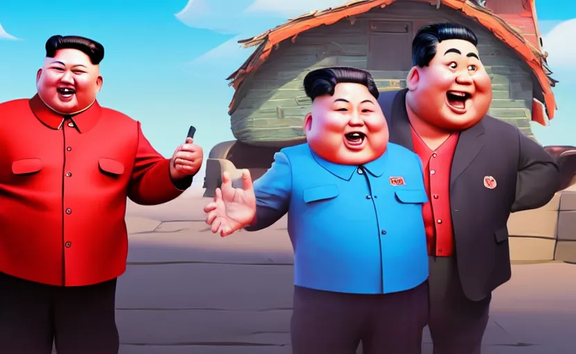Prompt: very cute happy kim jong un with duterte, disney pixar character concept artwork, 3 d concept, fortnite character, high detail iconic character for upcoming film, 8 k octane render