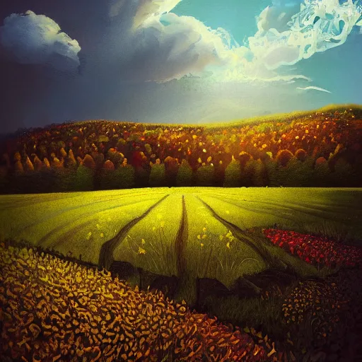 Image similar to a beautiful field landscape illustration of a big town with a heavenly by a pool surrounded by rolling hills, during autumn, with a few clouds by chase stone, pat oliphant, featured on behance, featured on artstation, featured on illustrationx, featured on conceptartworld, concept art, barometric projection, f 1 6, sharp details