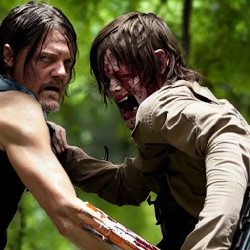 Prompt: Norman reedus fighting off a walker, movie still from the walking dead